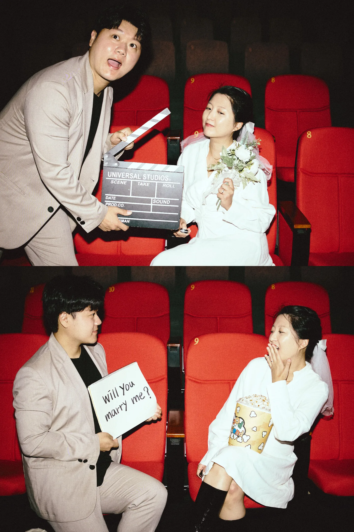 영화관에서 슬레이트를 든 신랑과 프러포즈 장면