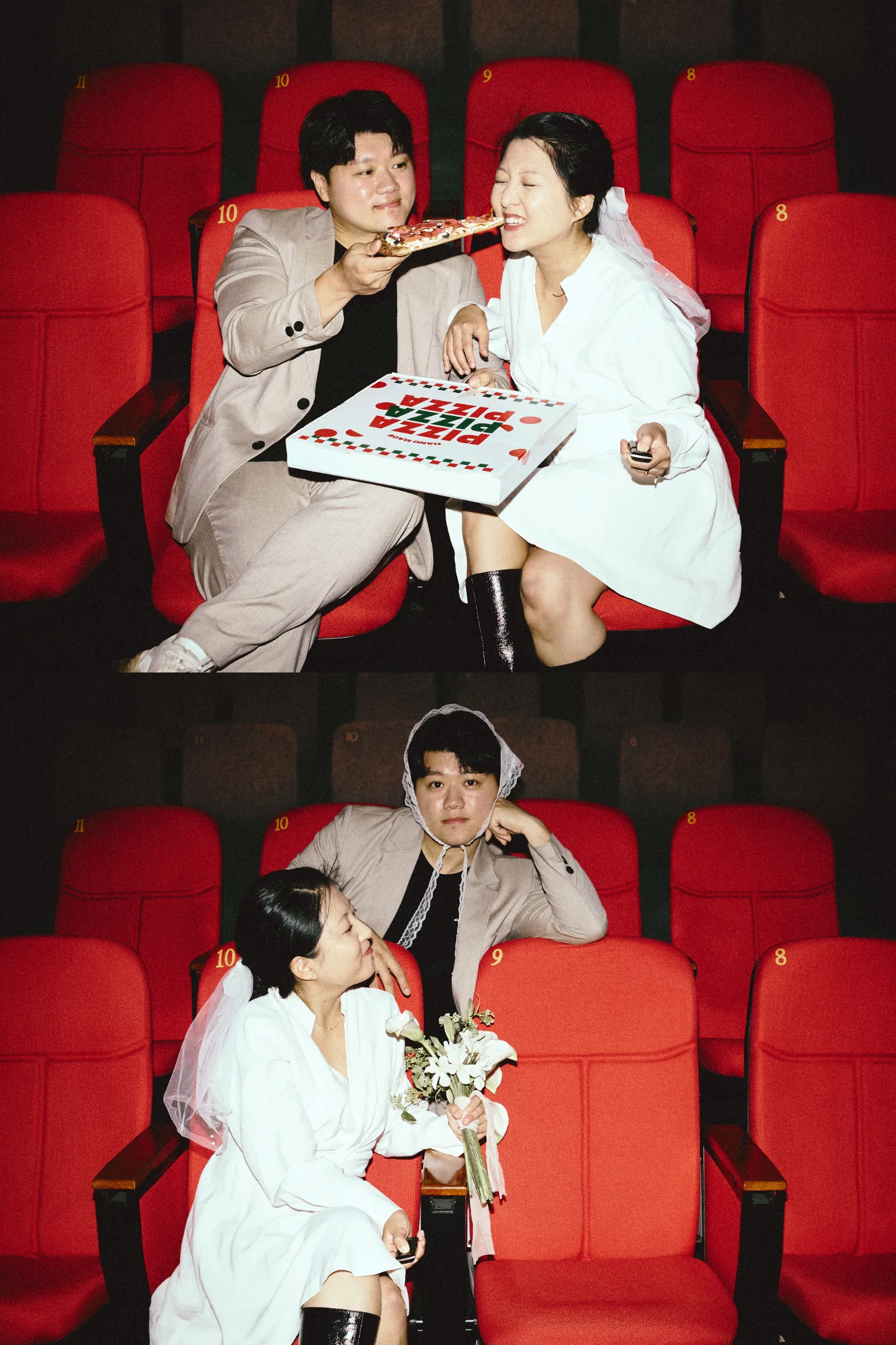 영화관에서 피자를 나눠 먹는 신랑 신부와 면사포를 쓴 신랑